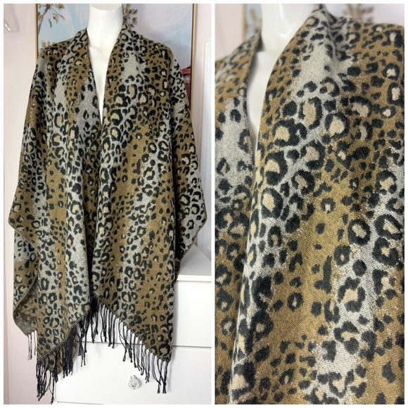 Women's Khaki Cheetah Leopard Print Fringe Shawl Cap Poncho Wrap Scarf One Size - Picture 1 of 9
